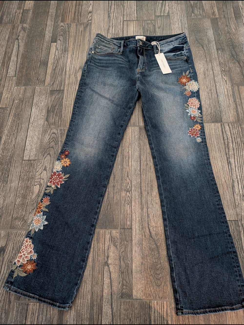 DRIFTWOOD Dark Blue Wide-Leg Jeans with Multicolor Floral Embroidery
